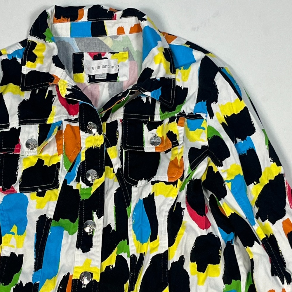 Erin London Abstract Multi Color Button Front Jacket Size PM Petite Paint Streak
